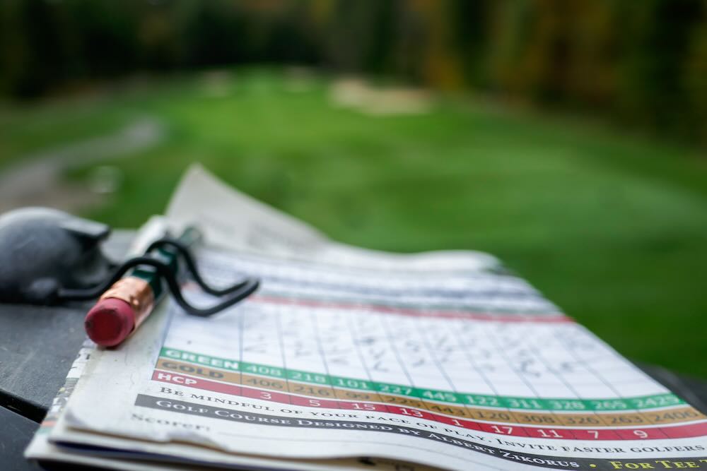 Golf scorecard with pencil, fairway  on a background